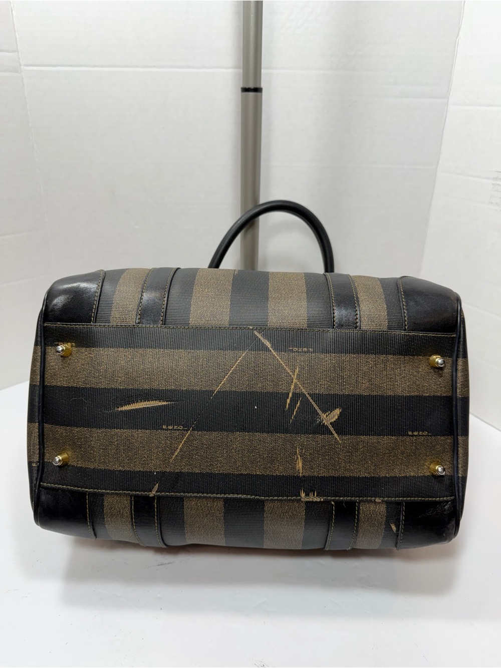 Vintage FENDI Black & Gray Pecan Stripe Speedy/Duffle Style Handbag,Classic 90s - Picture 7 of 13